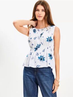 Ann Taylor LOFT Paisley Plaid Smocked Peplum Top in‎ White & Blue Size XL NWT